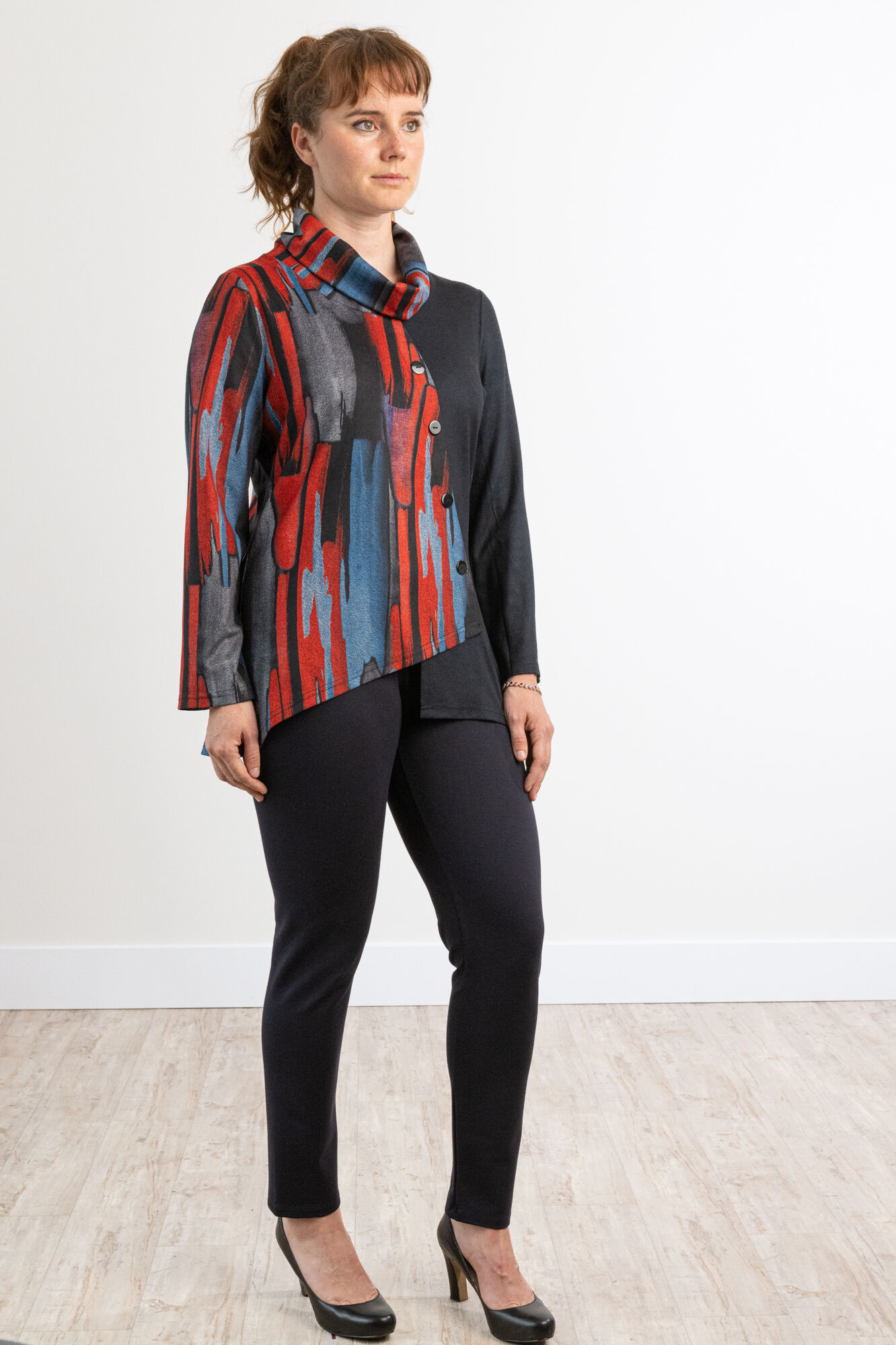 Abstract Multi-Colored Asymmetrical Cowl Wrap Shirt Image 3